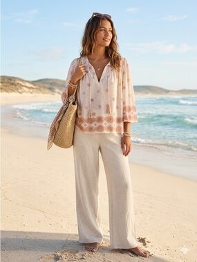 Y2K H&M L.O.G.G. Tassel Tie Poet Sleeve Top | Pink & Cream Mandala | Size 6 EUC